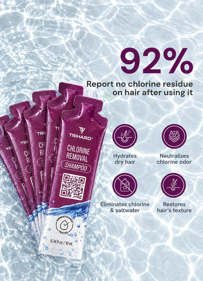 TRIHARD Shampoo travel kit sachets, 92% report no chlorine residue