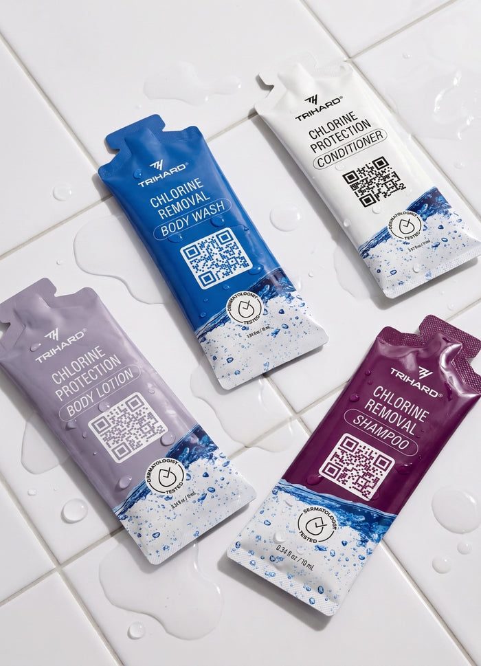 TRIHARD single-use sachets on pool deck tiles