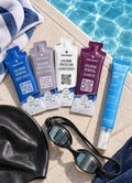 TRIHARD sachets with swim cap and goggles by the pool