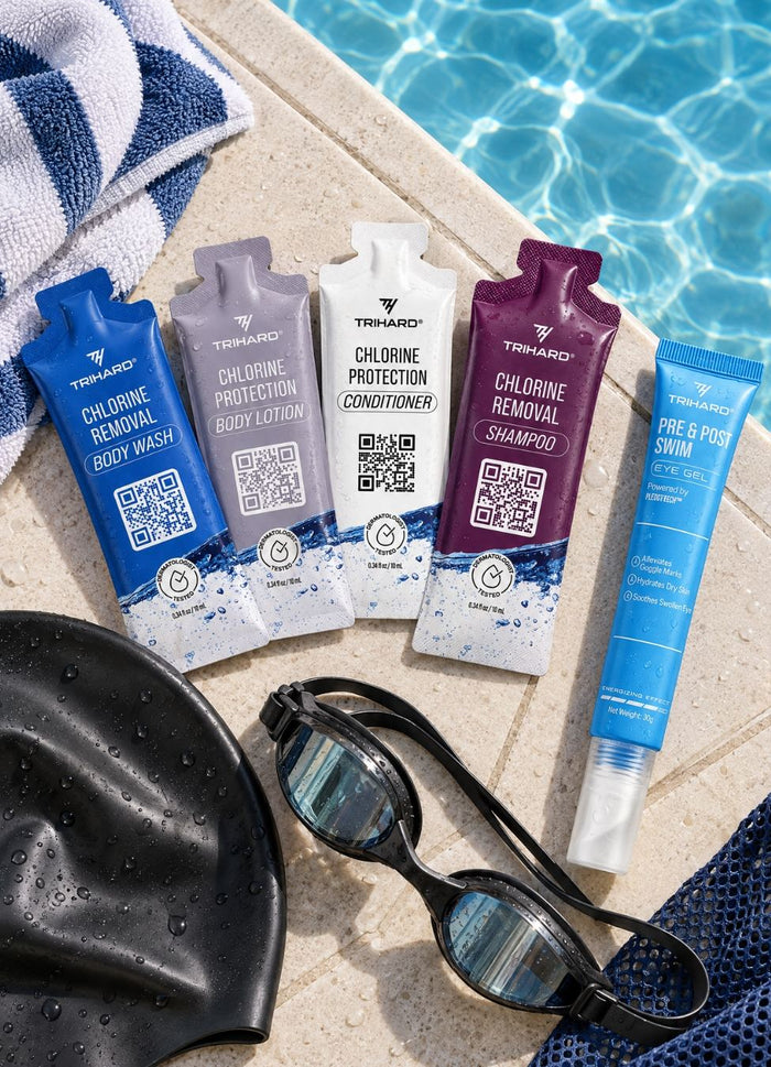 TRIHARD sachets with swim cap and goggles by the pool