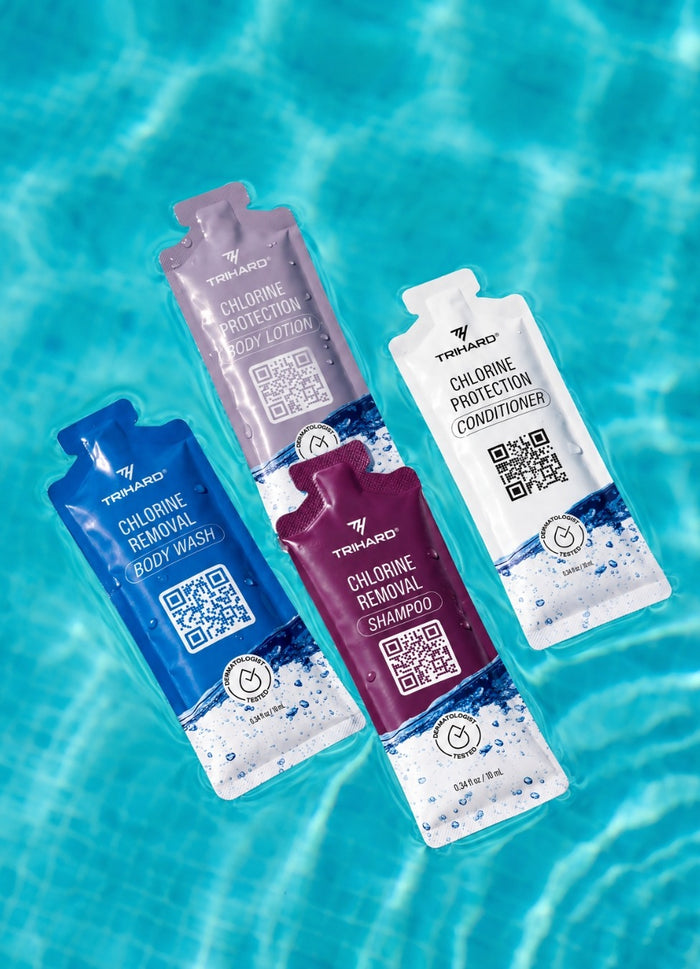 TRIHARD sachets floating in a pool